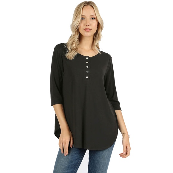 Zenana Premium Tops - Black 3/4 Sleeve Partial Button Down Shirt Zenana Premium Tops - Black 3/4 Sleeve Partial Button Down Shirt